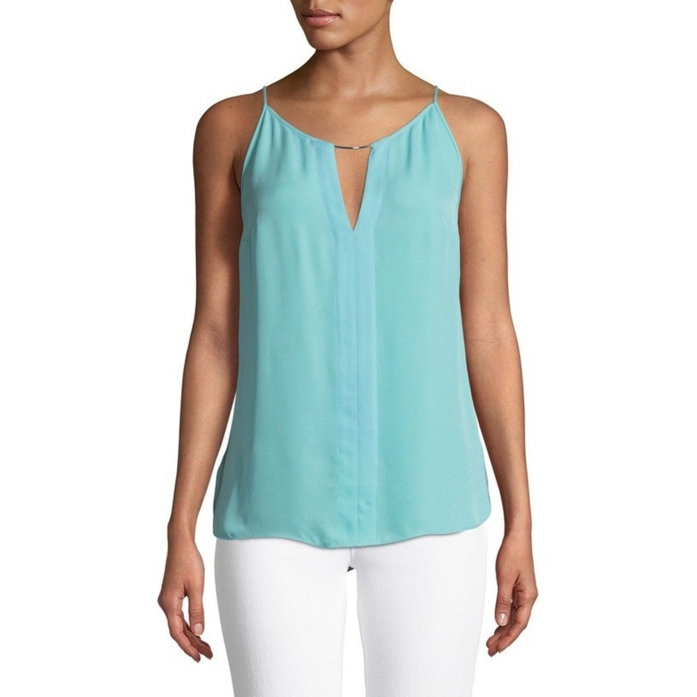 NWT Elie Tahari‎ Pixie Blouse Navy Sleeveless V-Neck Metal Bar Detail - Small - Picture 2 of 6